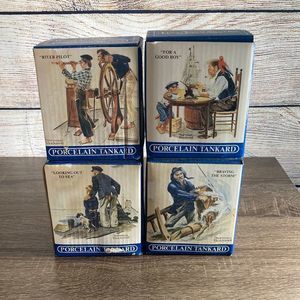 Set of Four Long John Silver Norman Rockwell Seafarer Porcelain Mugs Tankards